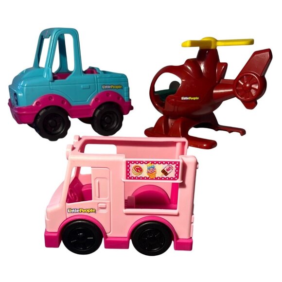 Little People Toy Set Of 3 Blue Truck Red Helicopter & Pink Ice Cream Truck - Picture 1 of 10